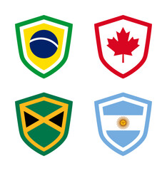 vector set of shield icon badge - flag nation (brasil, canada, jamaica, argentina)