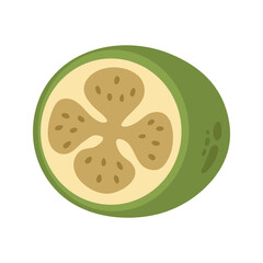 Single juicy green halved cut feijoa. Hand drawn cartoon winter berry fruit illustration