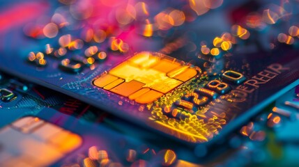 Close-up of credit card chip with neon reflections