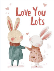 Obraz premium Adorable bunny couple holding hands with heartfelt message of love in a cheerful setting full of hearts