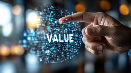 Hand Reaching Towards Digital "Value" Hologram in Blue. AI-generated