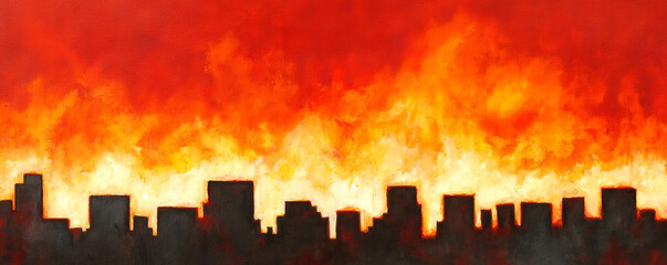 Fiery urban landscape with silhouettes of buildings against dramatic sky