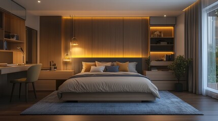 Modern bedroom with a wooden headboard, a bed with white linen, and a blue rug.