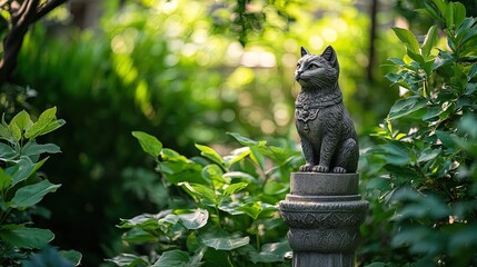 Obraz premium Elegant Feline Statue on Pedestal Amidst Lush Greenery: Perfect for an Inspiring Sports Interior Poster or Tranquil Garden Decor