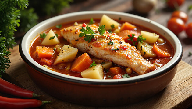 Salmon fillet in vegetable stew with potatoes