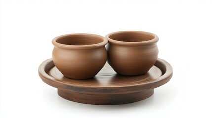 Pottery Crafting Display featuring a pottery wheel, freshly shaped clay pots arranged elegantly, minimalistic clean white backdrop highlighting artistry and craftsmanship