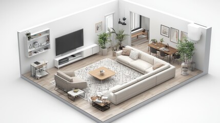 Spacious living room 3D render featuring sectional sofa, coffee table, and entertainment center, floor plan isolated white