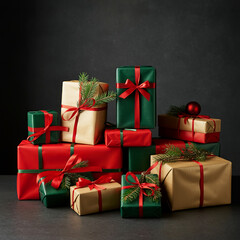 A collection of beautifully wrapped Christmas gift boxes in various sizes, with red, green, and gold wrapping paper and ribbons. 