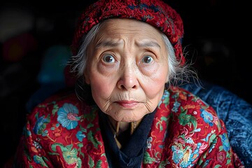 Elderly woman in vibrant traditional attire with expressive eyes
