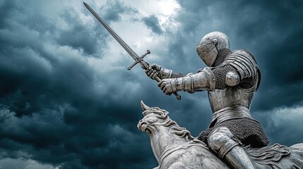 Imposing Knight in Shining Armor with Sword Against Dramatic Stormy Sky: Perfect for a Bold Sports-Themed Interior Poster!