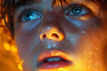 Youthful focus: close-up portrait of a freckled teen illuminated by warm light