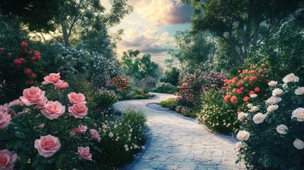Fototapeta premium A winding stone path leads through a lush rose garden, bathed in the soft glow of the setting sun.