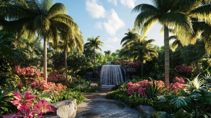 Fototapeta premium A pathway leads to a hidden waterfall in a lush tropical paradise.