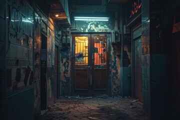 Place in an atmosphere of poverty furniture alleyway indoors.