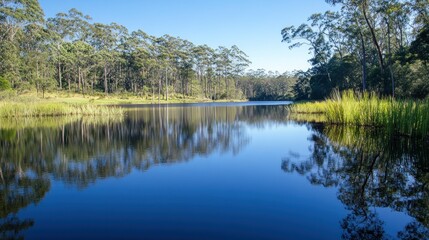 Obraz premium A tranquil lake with blue water, surrounded by green trees, reflected in the surface.