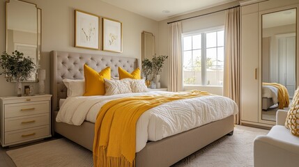 Modern Bedroom Interior with Yellow Pillows and Throw Blanket