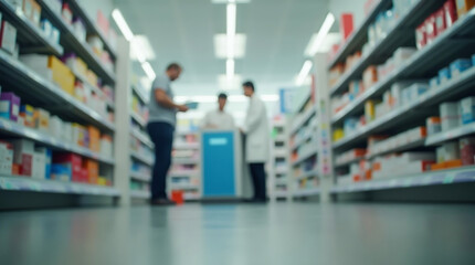 Fototapeta premium Shoppers choosing medications in the pharmacy, pharmacists helping with the choice, blurred image
