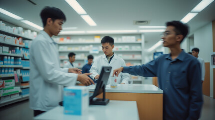 Blurred image of a pharmacy with a wide assortment of medications on shelves and clients choosing items