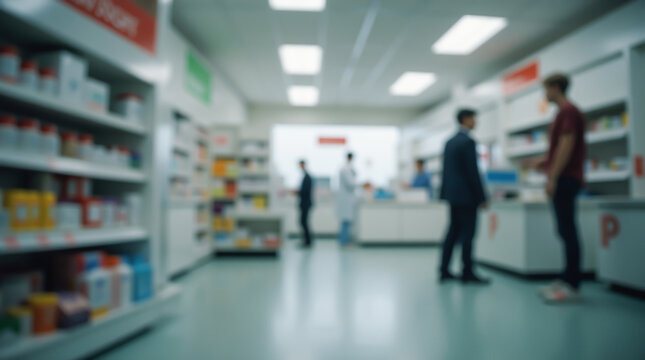 Blurred image of a pharmacy with clients choosing items from shelves and pharmacists providing assistance