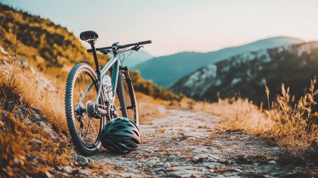 Sleek bicycle with helmet and water bottle on a rugged mountain trail, showcasing cycling as an exhilarating adventure sport for outdoor enthusiasts.
