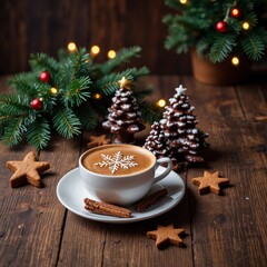 cup of latte cappuccino coffee with snowflake shape art on foam with cookies and Christmas decorations