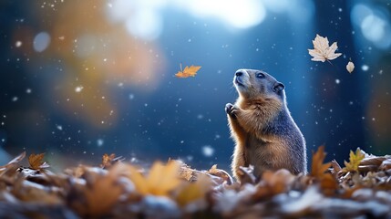 Obraz premium Groundhog day anticipation, groundhog standing on hind legs amidst autumn leaves with snowflakes, foreshadowing the arrival of spring