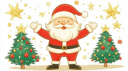 Fototapeta premium Jolly Santa Claus with Christmas trees golden stars