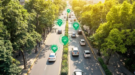 Smart City Traffic Management System, IoT devices in action, data collection for traffic optimization, urban infrastructure enhancing mobility and efficiency in city transport