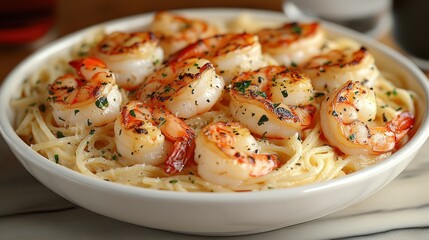 A bowl of creamy pasta with grilled shrimp, garnished with parsley and black pepper.
