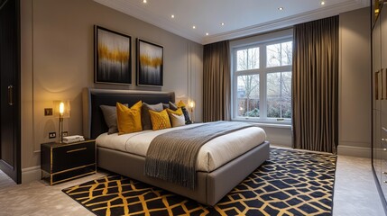 Modern Bedroom Interior with Gold and Gray Decor