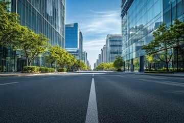 Explore the modern cityscape with tall buildings and lush greenery