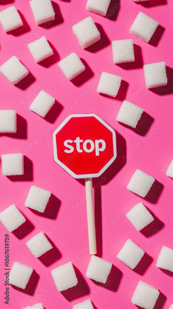 Poster stop sugar consumption concept with a warning sign surrounded by sugar cubes on a pink background, p