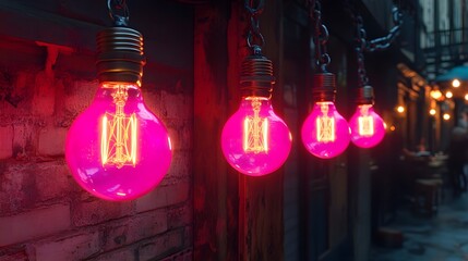 Colorful Vintage Edison Bulbs Hanging on Brick Wall