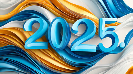 The year 2025 is displayed in bold, blue numerals against a background of white, gold, and blue swirled shapes