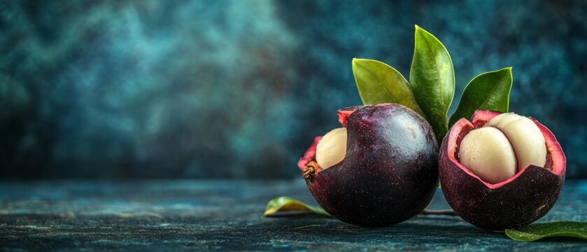 A close-up of two mangosteens, one open, revealing the white flesh, on a textured blue background. The vibrant purple and white colors create a striking contrast.