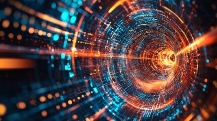 Fototapeta premium Abstract futuristic tunnel with blue and orange digital lights