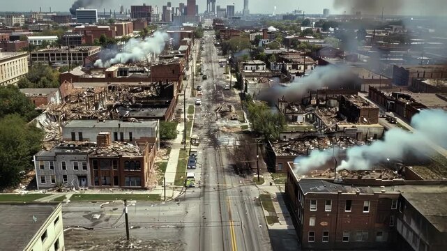 Aerial view of a city street showing the aftermath of a devastating riot with buildings damaged by fire and smoke filling the air