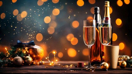 Festive New Year celebration with champagne and decorations against golden bokeh background