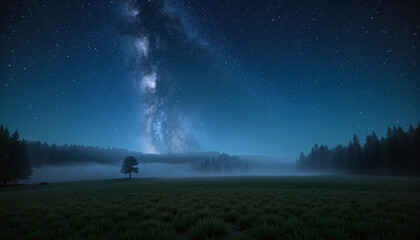 Misty landscape under a starry sky with the Milky Way and a solitary tree