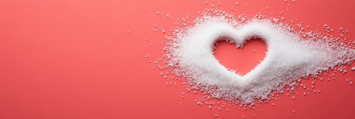 Granulated white sugar forming a heart shape on a vibrant red background, representing the love hate relationship with sugar and raising awareness of its health impacts
