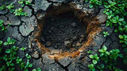 Top View of Freshly Dug Hole Surrounded by Lush Green Foliage