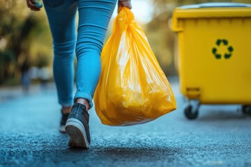 Close-up of a person carrying a yellow trash bag toward a yellow recycling bin, showcasing environmental responsibility in an urban outdoor setting.
