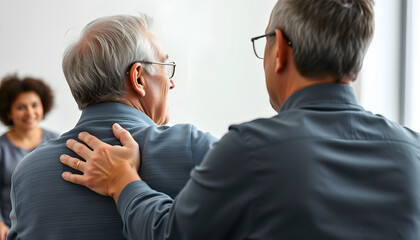 Side view  portrait of senior man hugging psychologist during therapy session in support group, copy space isolated with white highlights, png