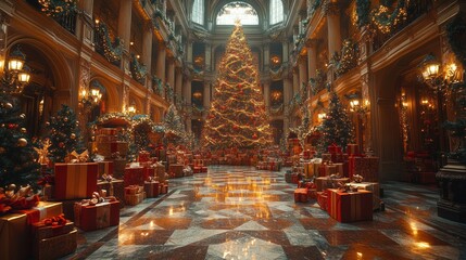 Obraz premium A grand, ornate interior space with a large Christmas tree and many presents surrounding it.