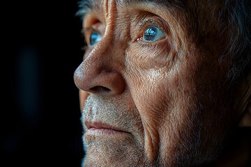 Thoughtful elderly man gazing upward with reflective expression against dark background