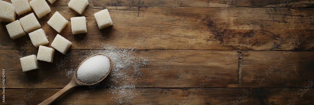 Aufkleber granulated and cube sugar on wooden spoon and table create a still life emphasizing sugar consumptio