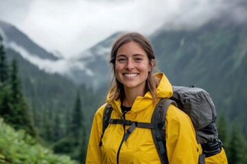 Naklejka premium A cheerful woman in a yellow rain jacket stands in a foggy mountain landscape.