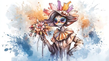 Vibrant Statue of Woman with Colorful Hat and Bouquet Against Bright Blue Background: Perfect Poster for Artistic Home Decor or Sporty Interior Design