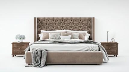 Luxury bedroom 3D render with king-size bed, upholstered headboard, isolated white floor plan