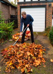 Man sweeping autumn leaves